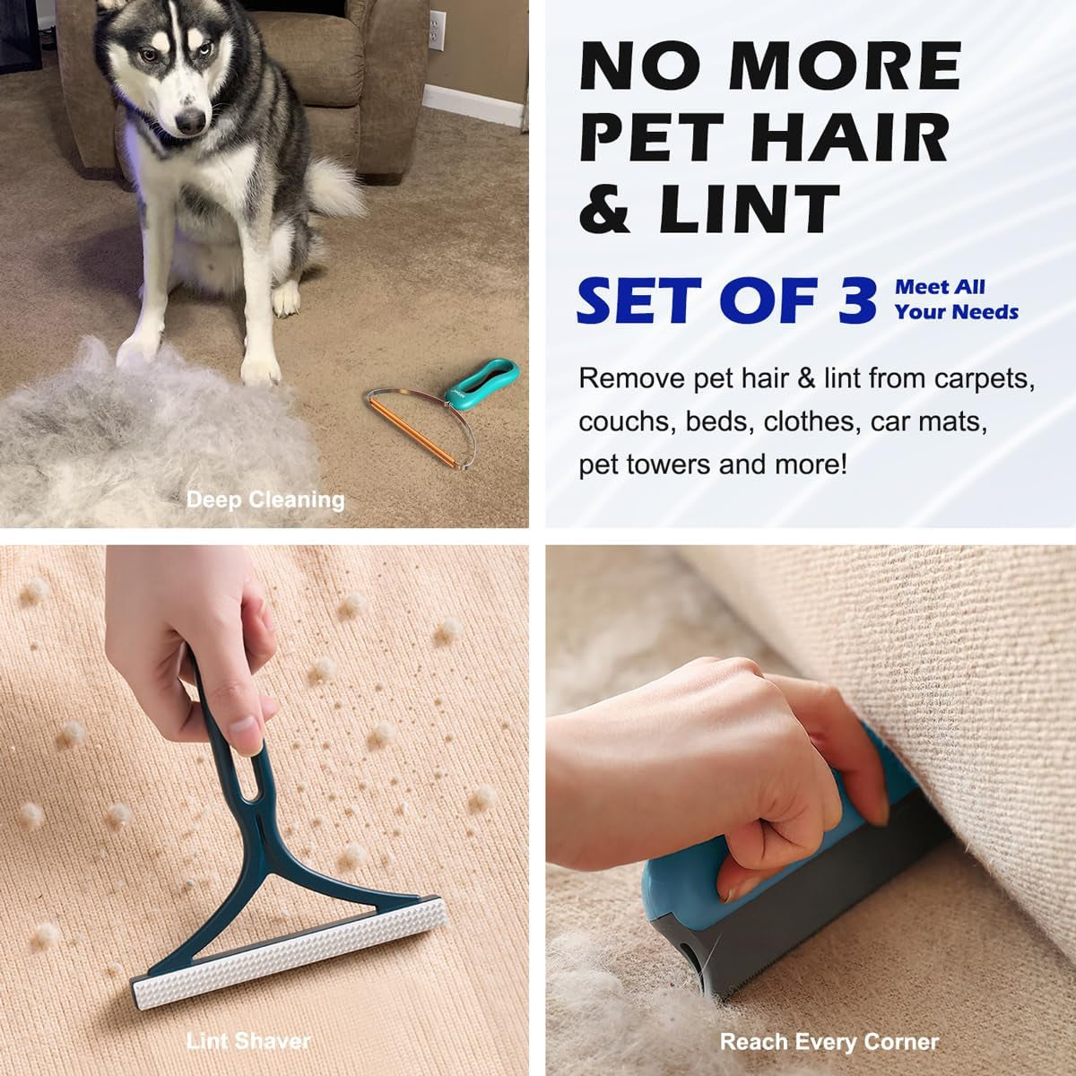 Pet Hair Remover 3-Pack, Reusable Dog & Cat Hair Removal Tools, Lint Shaver