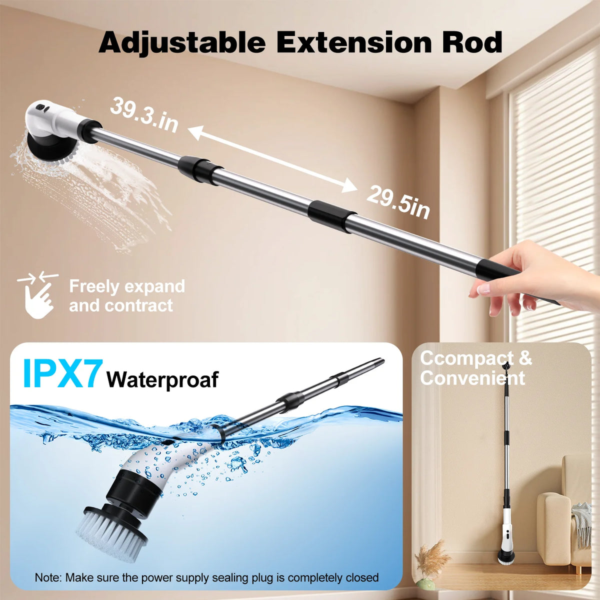 Electric Spin Scrubber Cordless - 500RPM Power Scrubber for Shower Cleaning, Bathroom Scrub Brush with 7 Replaceable Brush Heads & Extendable Handle, 2-Speed Electric Cleaner